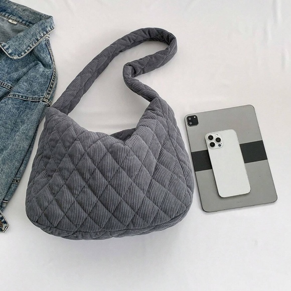 Luxe Quilted Corduroy Puffer Messenger Shoulder Crossbody Travel Bag - Picture 9 of 12